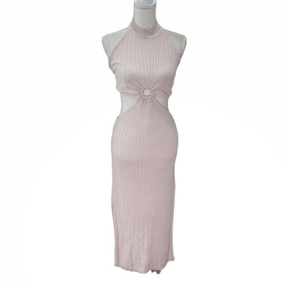 Anthropologie Pink Ribbed Knit Cut-Out Midi Dress Bodycon Y2K Party Clubwear - Picture 2 of 9